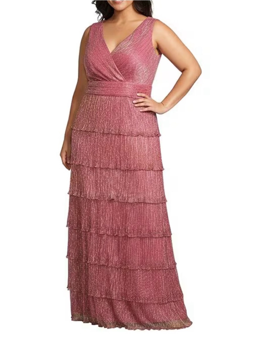Plus Size R & M Richards Crinkled Lurex Mesh V Neck Formal Tiered Gown Dress